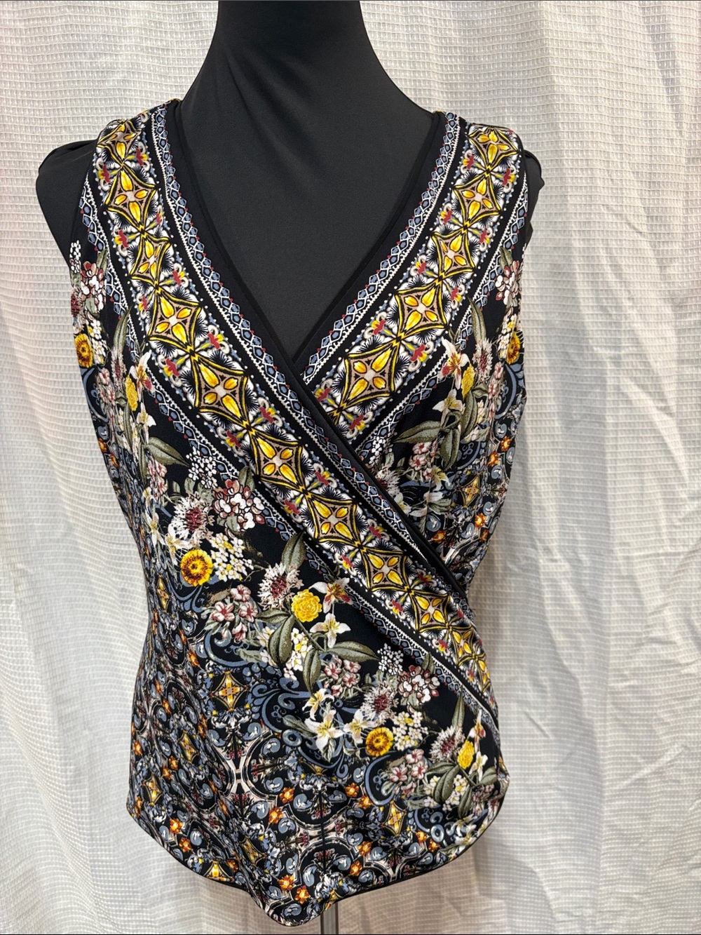White House Black Market Black Floral Wrap-Front Camisole with Yellow Accents